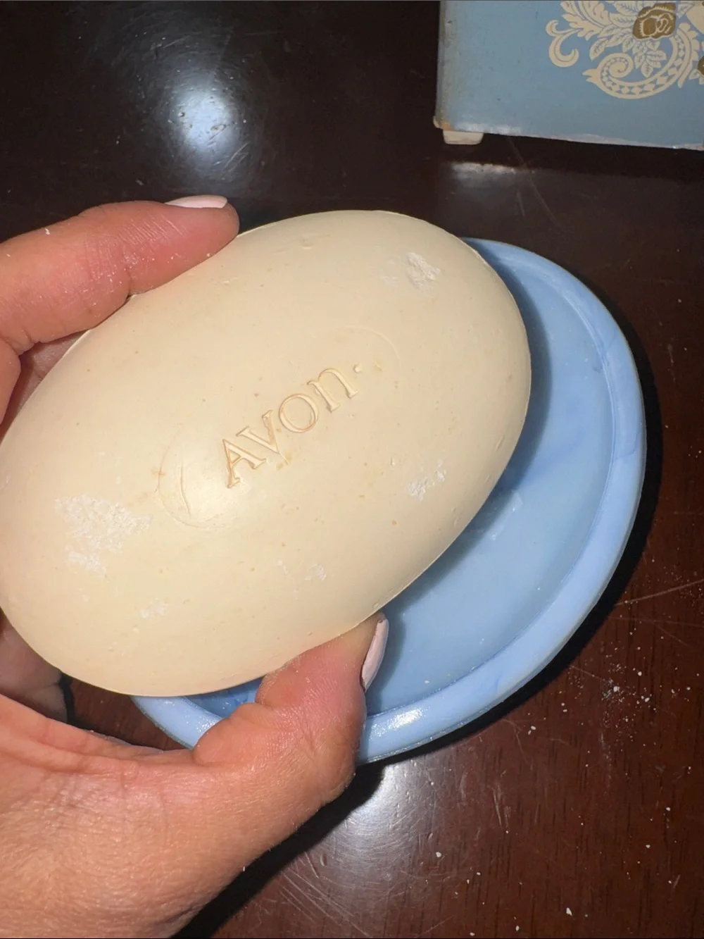 1979 Vintage Avon Victoriana Light Blue and Gold Bubble Bath and dish soap Set